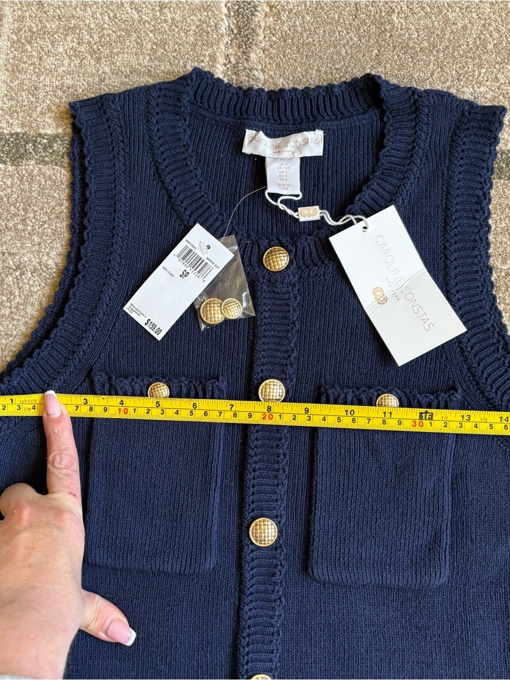Caroline Constas navy sleeveless knit gold button sweater dress, size Small NWT - Picture 4 of 10